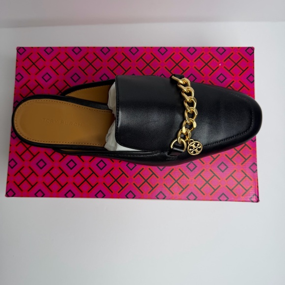 NEW TORY BURCH MINI BENTON LEATHER LOAFER SLIDE IN BLACK WITH GOLD ACCENT SIZE 8 - Picture 5 of 10